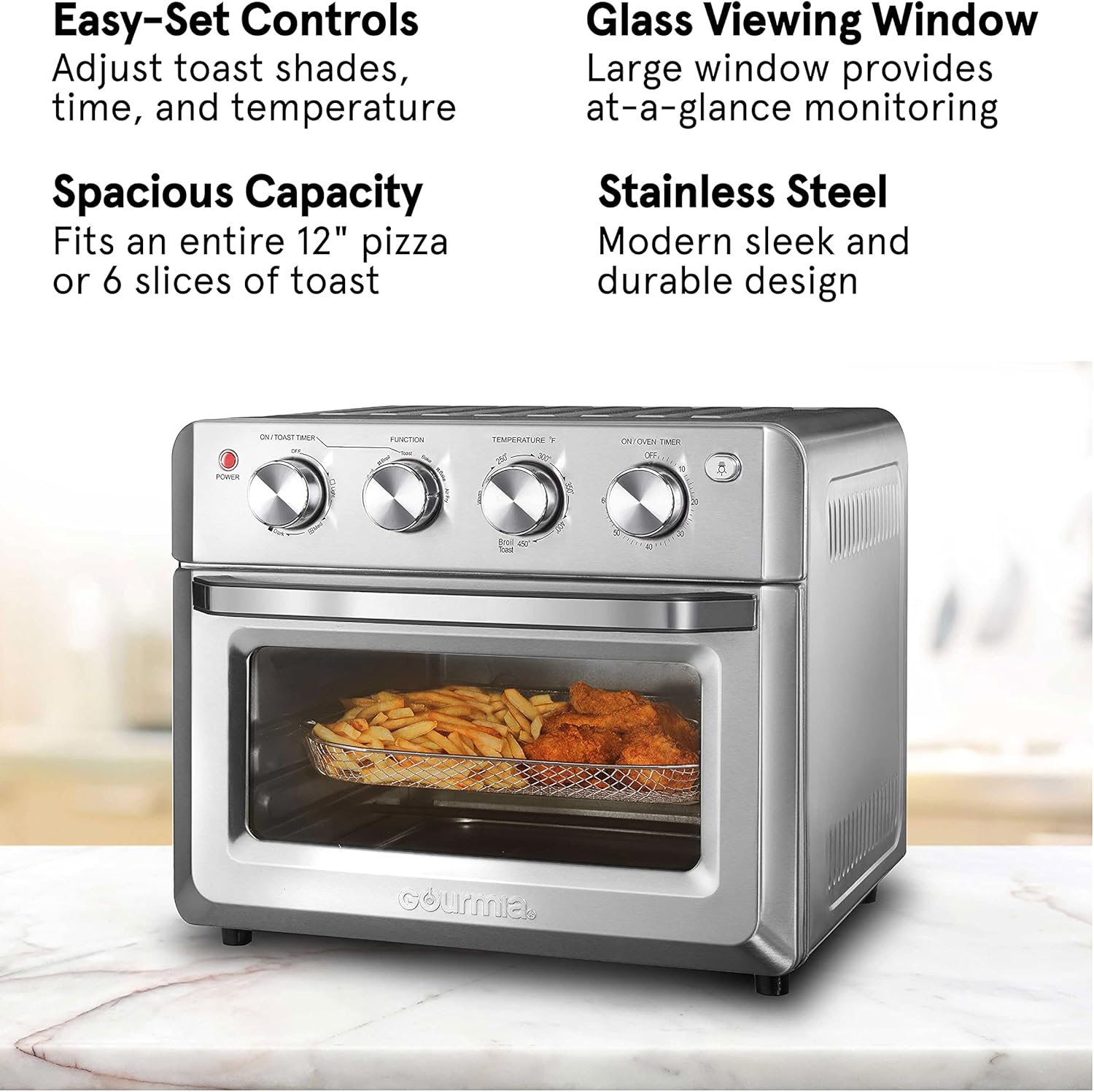 Gourmia Toaster Oven Air Fryer Combo 7-in-1 cooking functions 1550 watt air fryer oven 19.8L capacity air fryer accessories included convection toaster oven rack, air fryer basket GTF7580
