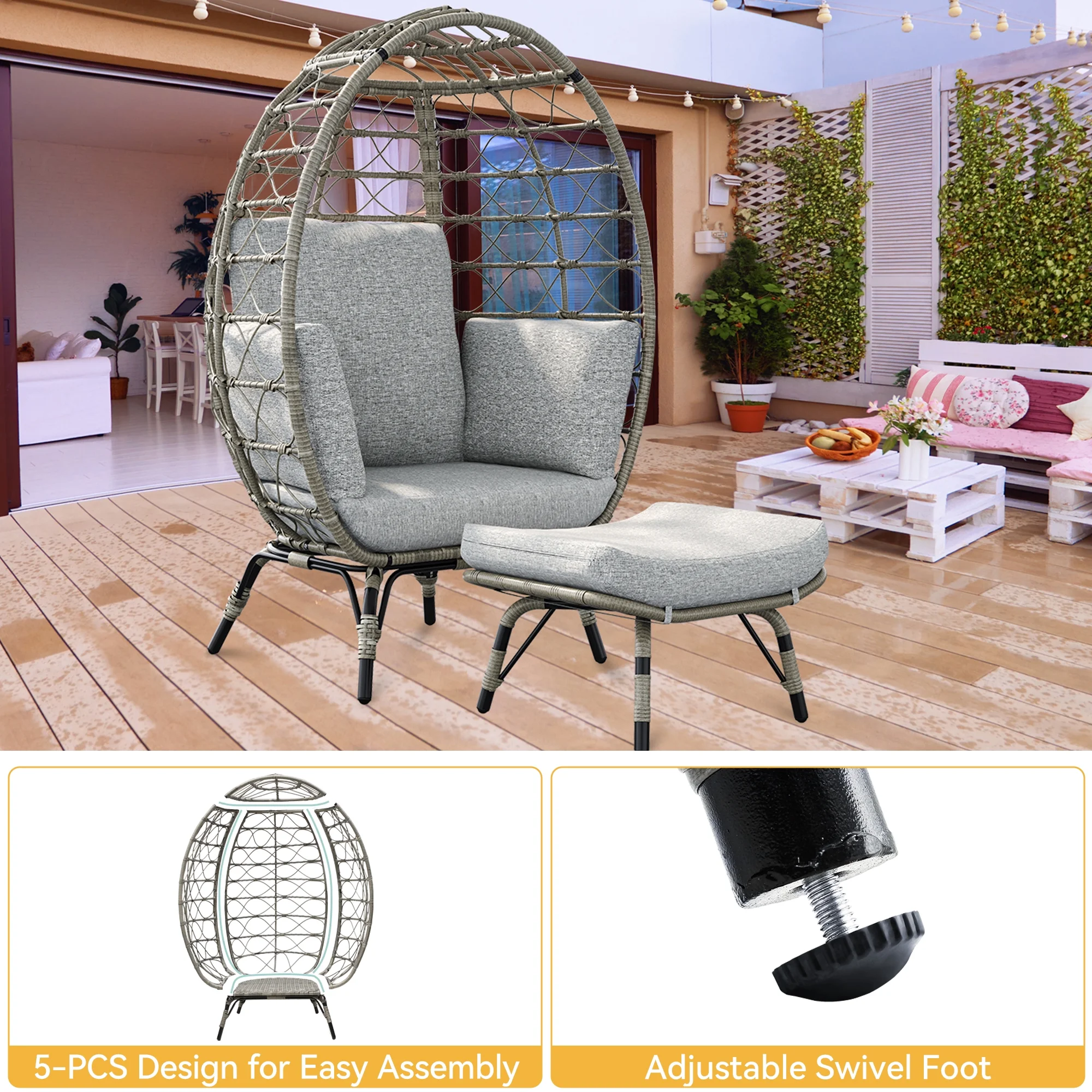 Dextrus Egg Chair with Stand Outdoor Egg Lounge Chair with Cushion Wicker Chair PE Rattan Chair Ottoman Included for Patio, Garden, Backyard, Porch, Gray