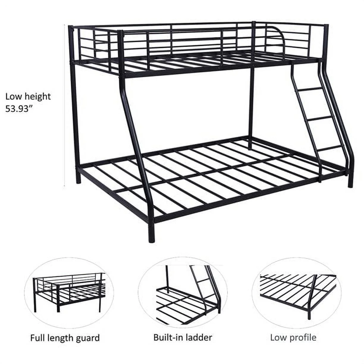 Bunk Bed, Twin Over Full Bunk Bed with Metal Frame and Ladder,  Heavy Duty Bunk Beds Twin Over Full Size for Adults Teens, Durable Bunk Bed Frame with Metal Support Slat, Safety Guardrail, Black, V278