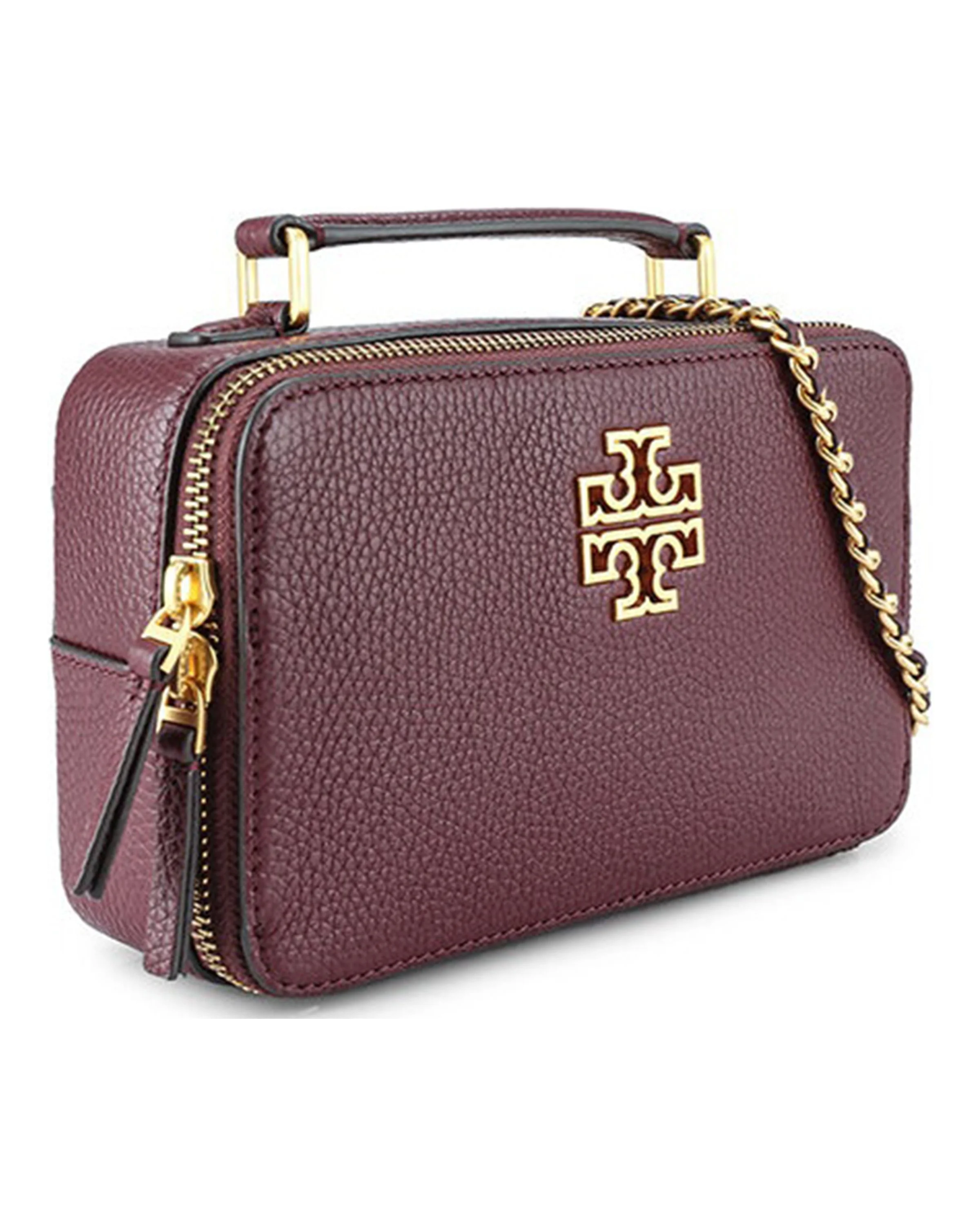Tory Burch Britten Pebbled Leather Small Top Handle Crossbody Bag (Claret)