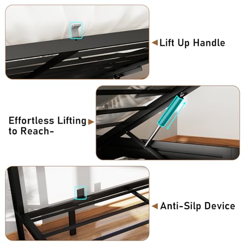 SADENICEL Queen Bed Frame with Storage Headboard and 4 Drawers, Metal Platform Bed Frame with LED Light, Charging Station, No Box Spring Needed, Noise Free, Easy Assembly, Vintage Brown