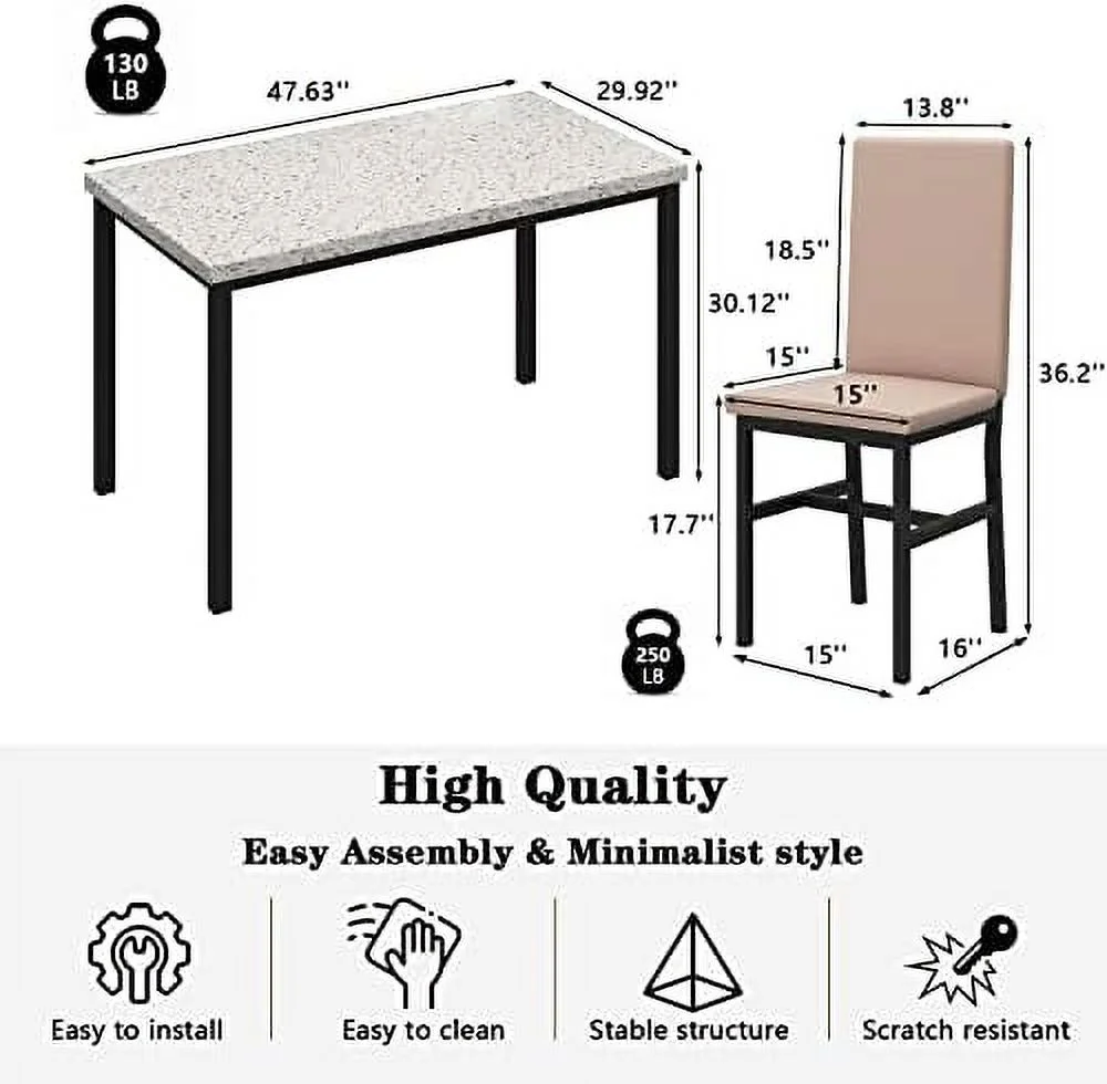 HJZBNONE 5-Piece Faux Marble Kitchen Table &amp; Chair Set  4 PU Metal Frame Chairs for Small  Modern Compact Space for Home  Breakfast Nook Cafeteria Dining Room w/ Racks  01 Coffee