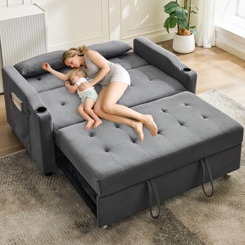 GarveeHome 3 in 1 Convertible Sleeper Sofa Bed, Corduroy Futon Couches with Pull-Out Bed, Adjustable Backrest, Charging Port & Side Pockets, Modern Upholstered Sofa for Living Room, Guest Room