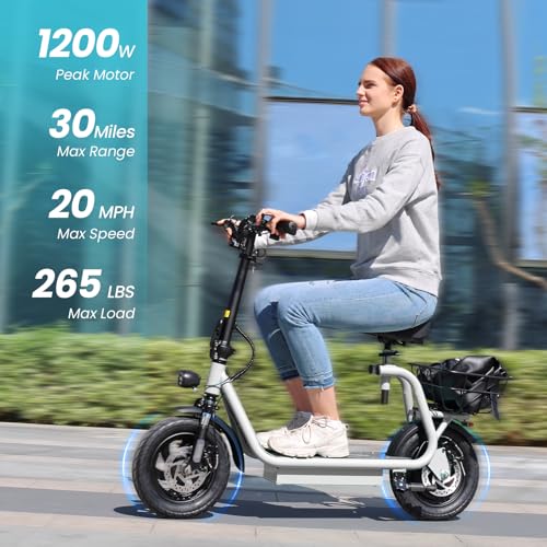 Caroma Electric Scooter with Seat,1200W Peak Motor,LED Display & 3 Speed Modes,30 Miles Max Range,Height Adjustable Seat & Foldable Electric Scooter with Basket,Front Suspension & Storage Hook