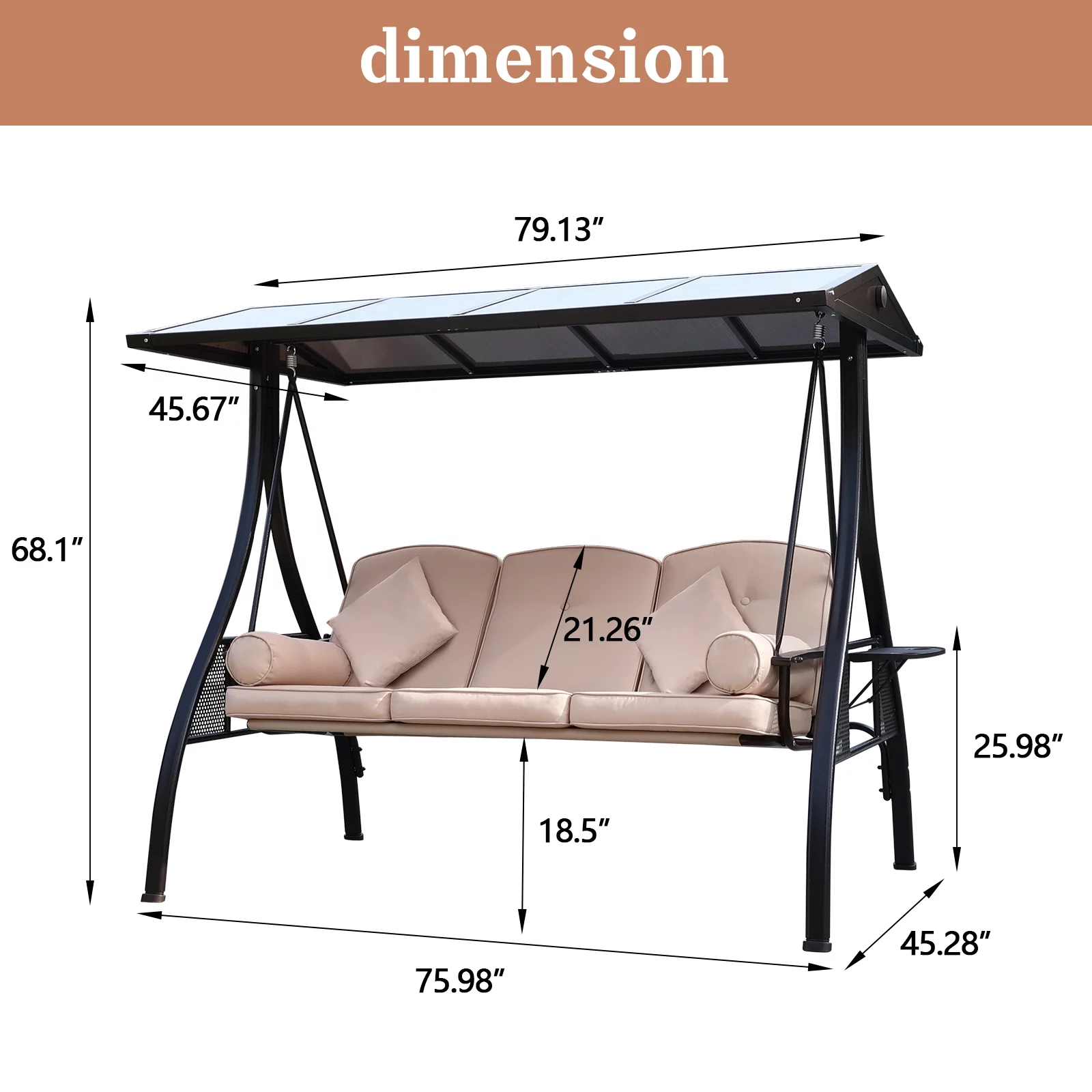 NOBLEMOOD Hardtop Outdoor Porch Swing, 3 Seat Patio Swing with Convertible Backrest, Cup Holders, Cushions & Pillows