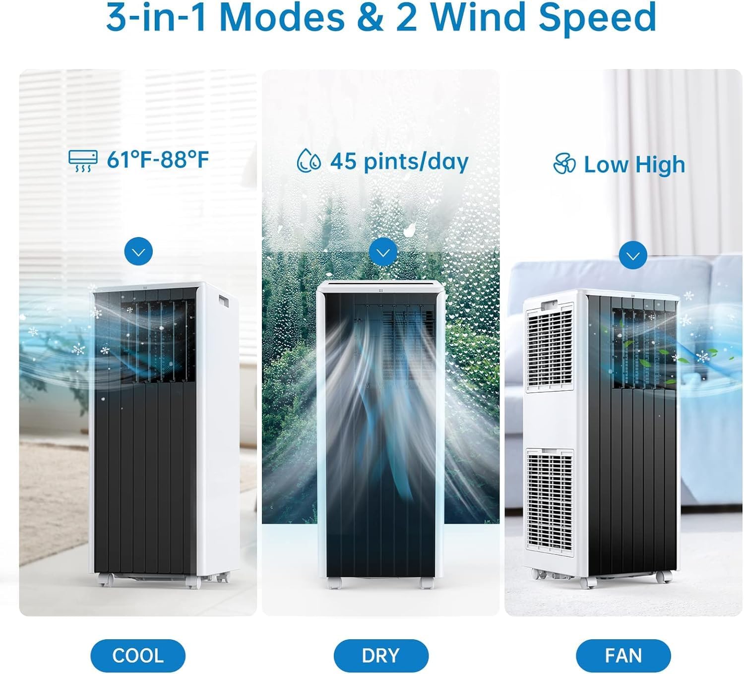 8,000 BTU Portable Mobile Air Conditioner, Cooling Range 350 Square Feet, with Remote Control, LED Touch Screen, 3-in-1/24 Hour Timer, Suitable for Home/Office/Dormitory, Black