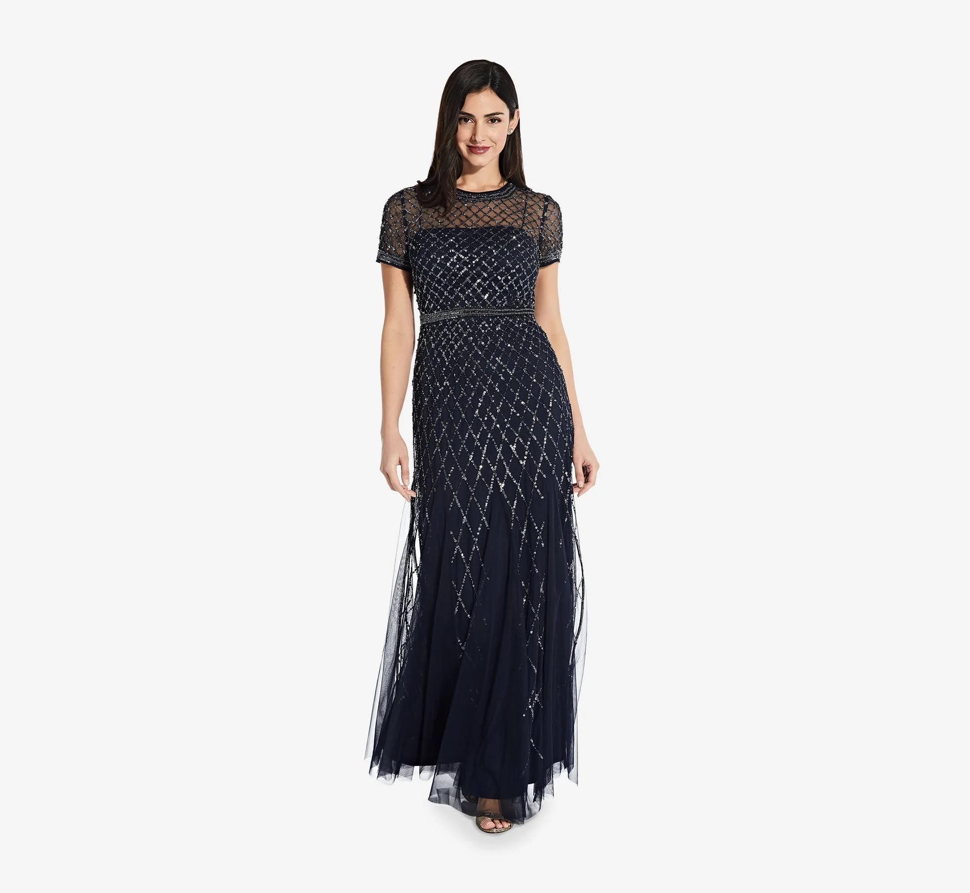 Adrianna Papell Cap Sleeve Beaded Gown, Navy, Size: 18