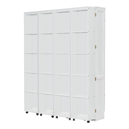 KLMM Wooden Murphy Bed Wall Bed with 2 Wardrobe and Storage Shelf,Foldable Platform Bedframe for Guest-Room Bedroom Study Office Use (White#E, Full)