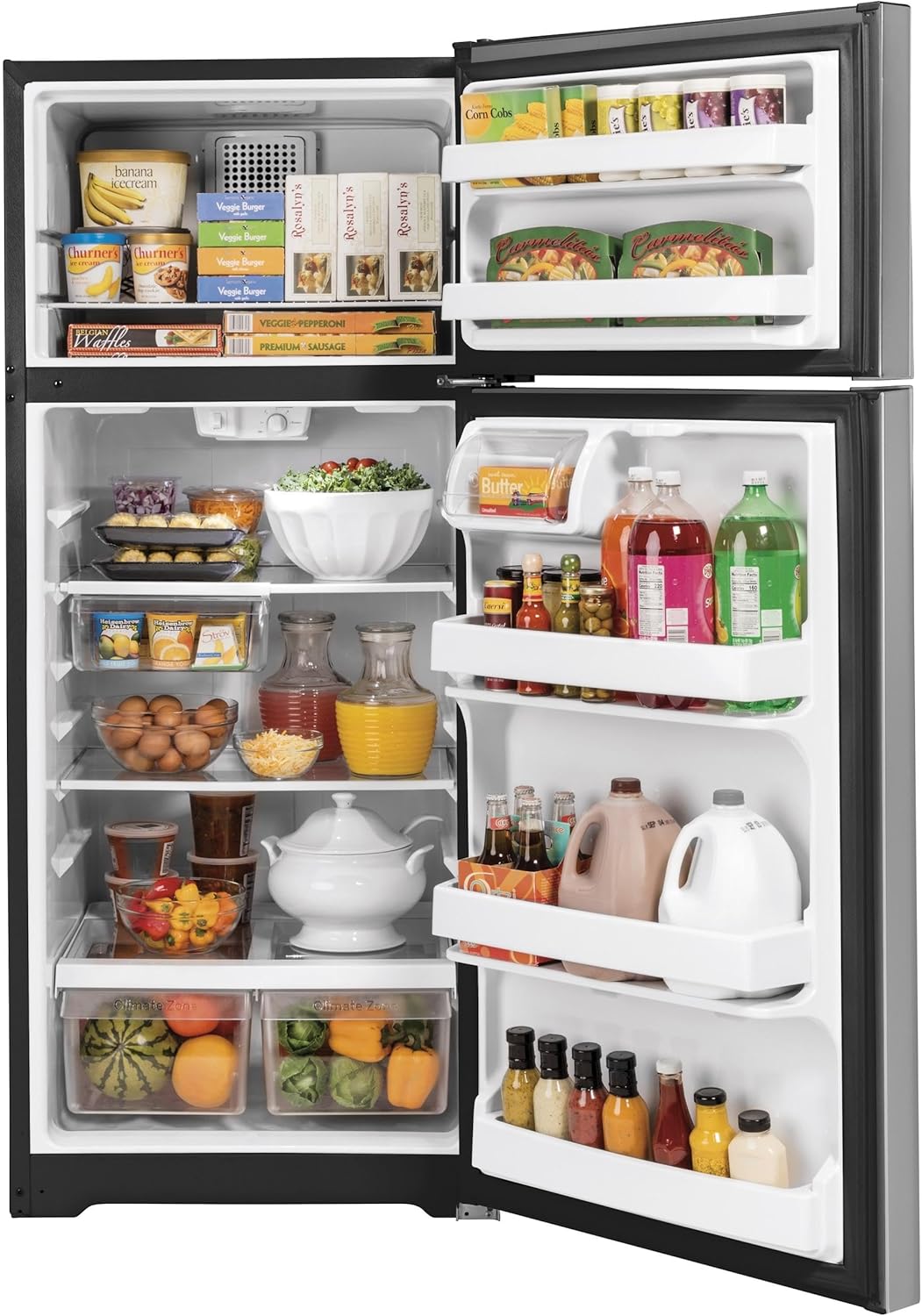 GE GTS18GSNRSS 28" Top Freezer Refrigerator with 17.52 cu. ft. Capacity LED Lighting Adjustable Glass Shelves and Upfront Temperature Controls in Stainless Steel