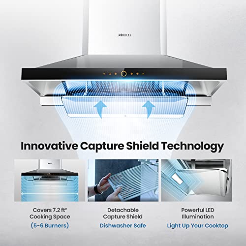 FOTILE Perimeter Vent Series Wall-mount Range Hood | Touchscreen | 4 Speed-settings and Air Management Function | Self-adjusting Surround Suction Plate | Delay Off Function | Cleaning Mode | LED Light