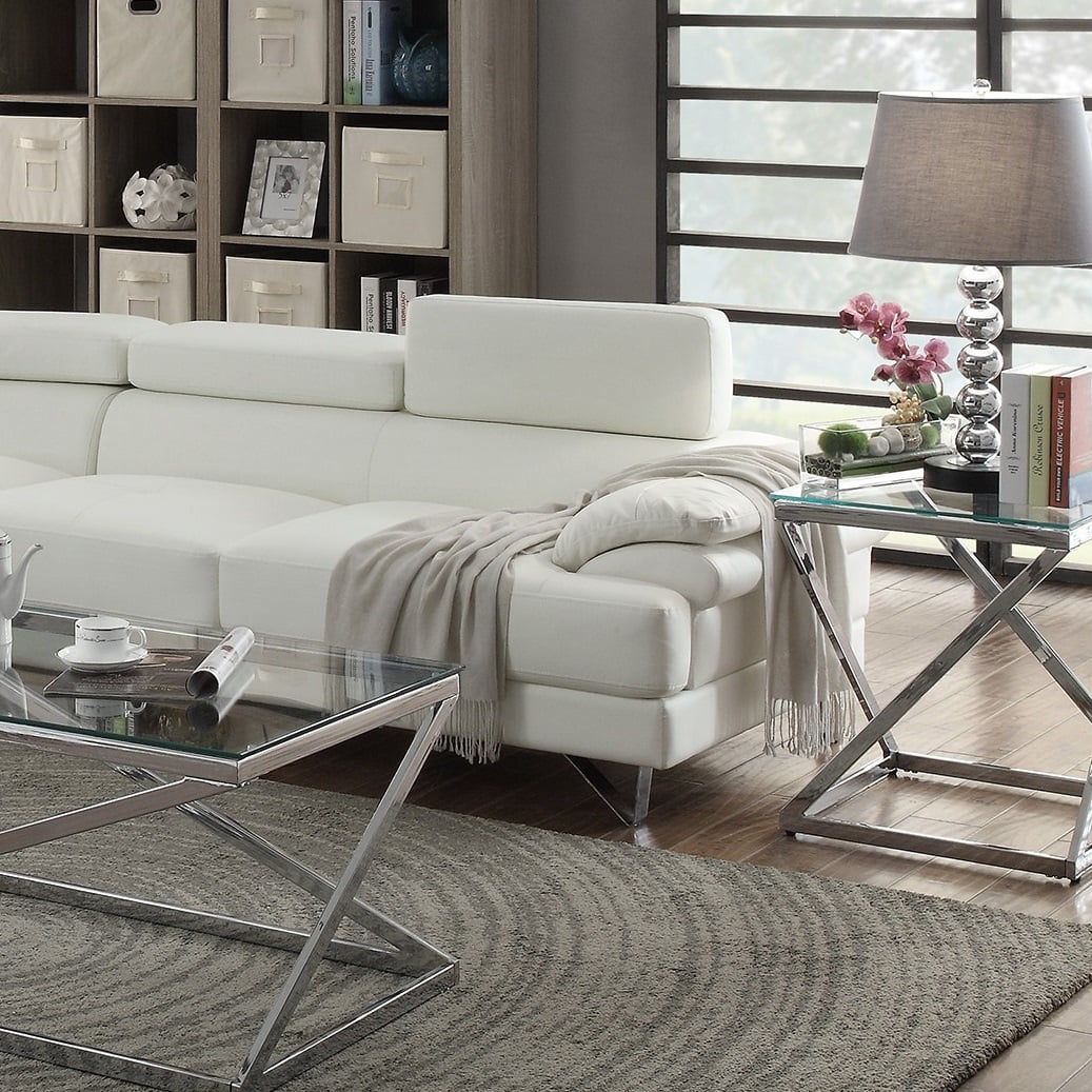 Bobkona Living Room 2pcs Sectional Sofa White Faux Leather Chaise Sofa Cushion Tufted Seat Flip up Headrest Couch