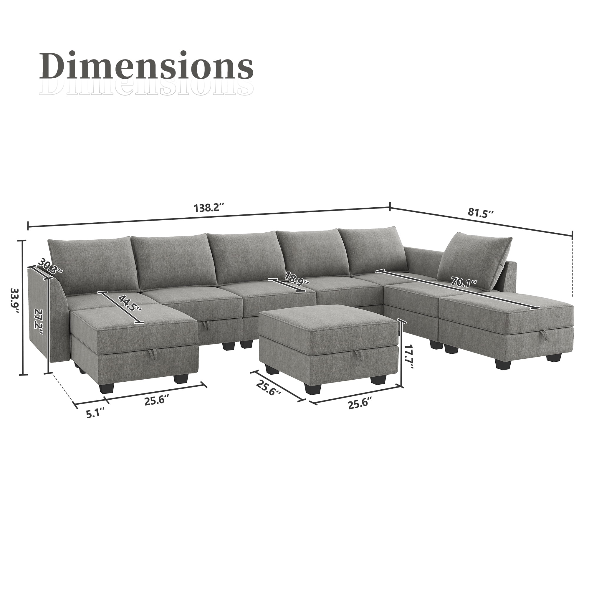 HONBAY Reversible Sectional Sofa Couch Set U Shaped Couch Sofa Sets for for Apartment/Living Room 8 Seats Sofa Sectional with Storage Ottomans, Grey