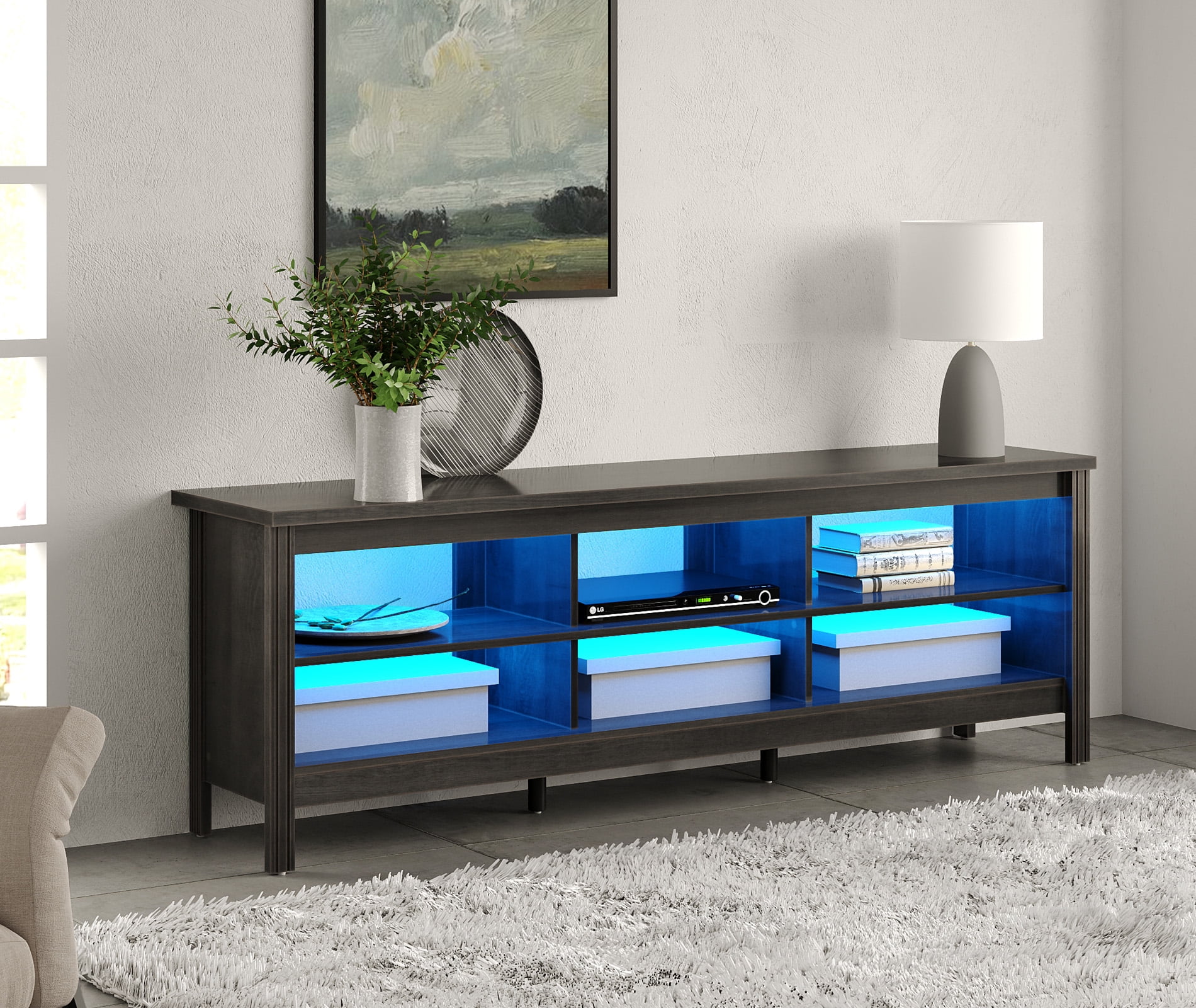 LED TV Stand for 75 inch TV, Black Entertainment Center for 80 inch TV Console Table with 6 Storages for Living Room Bedroom, 70"
