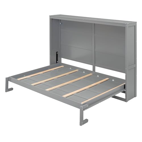Harper & Bright Designs Queen Size Murphy Bed Wall Bed with Storage Shelves, Wardrobe and LED Lights, Space-Saving for Multipurpose Guest Room or Home Office, Gray
