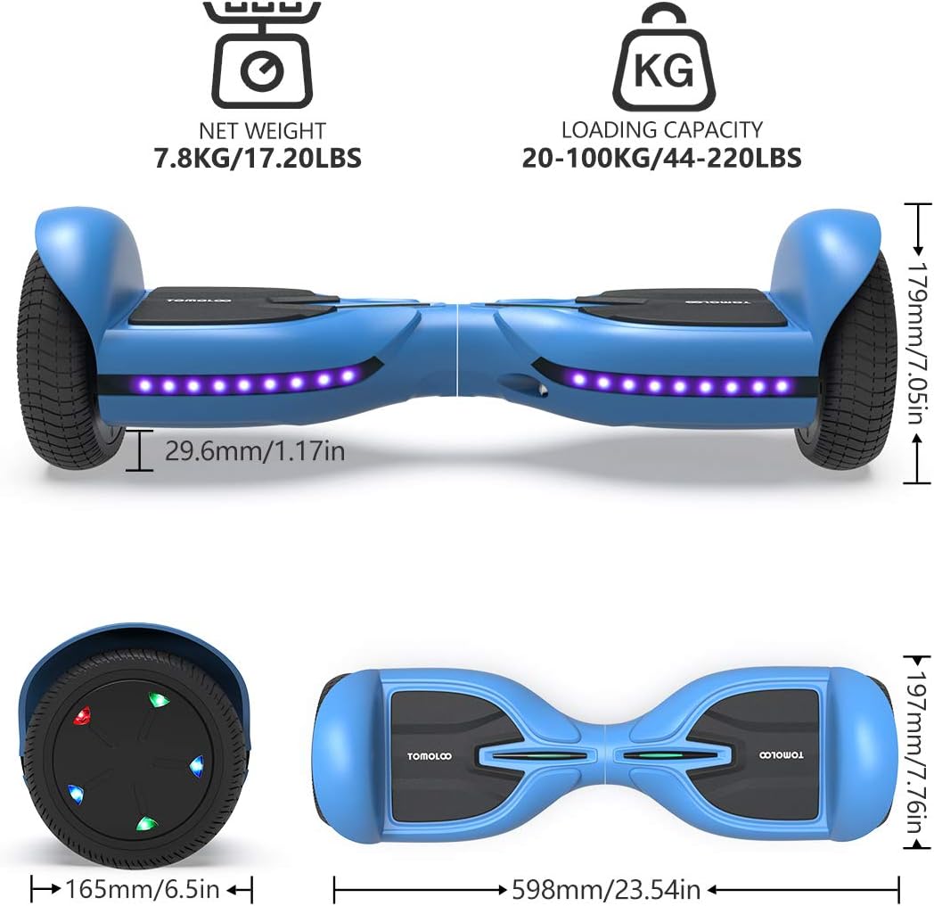 TOMOLOO Hoverboard with Bluetooth and Lights of Music Rhythmed, Solid Rubber Tires Hover Board with UL2272 Certified, 6.5 Inch Two-Wheel Hoverboard for Adults and Kids