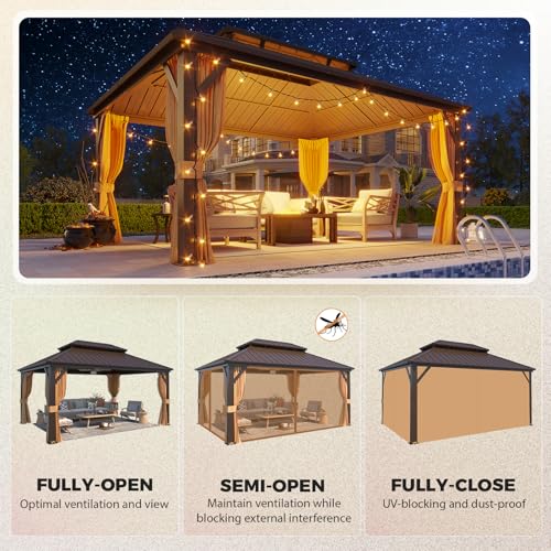 YOLENY 10' x 12' Hardtop Gazebo, Wood-Looking Gazebo with Galvanized Steel Double Roof, Aluminum Frame, Permanent Metal Pavilion with Netting and Curtains for Deck, Backyard, Patio and Lawns