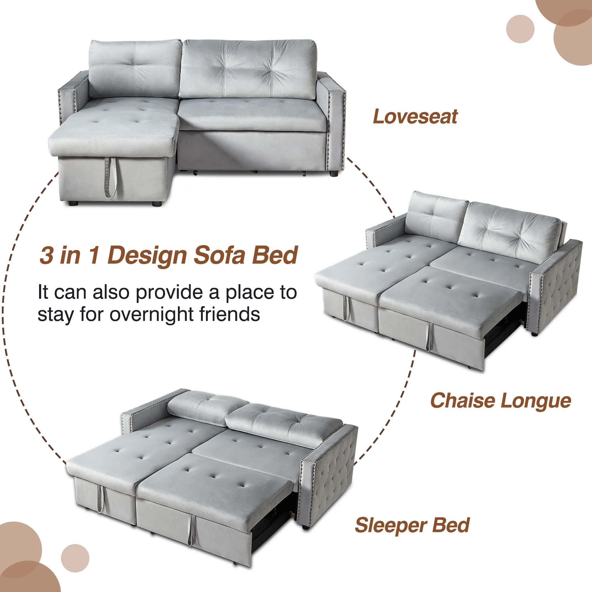 Giratree 3-in-1 Sofa Bed King Size, L Shaped Couch with Storage, Double Chaise Lounge Bed, Gray