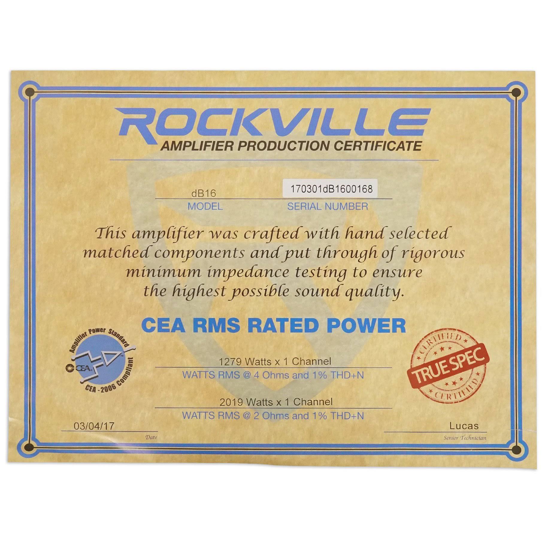 Rockville DB16 8000 Watt/4000w RMS Mono Class D 2 Ohm Amplifier Car Audio