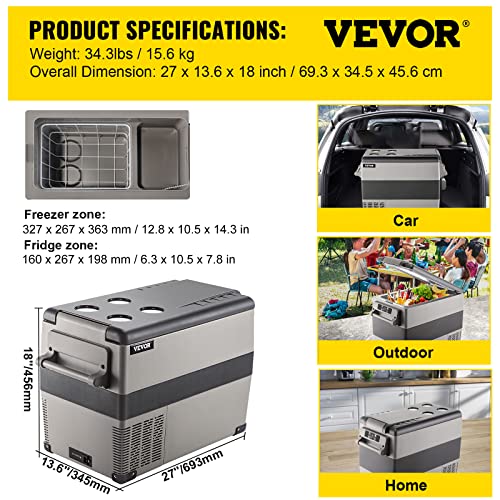 VEVOR 12 Volt Refrigerator, Dual Zone Car Fridge Freezer w/App Control & Wheels 12/24V DC & 110-240V AC Electric Compressor Cooler for Truck Vehicle RV Boat Outdoor & Home Use, -4℉-68℉ Black