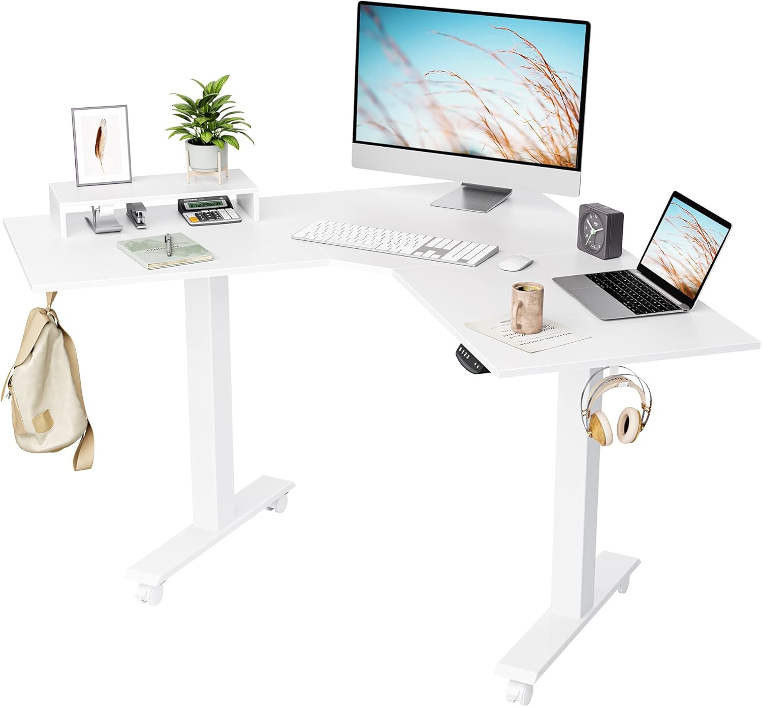 BANTI Dual Motor L-Shaped Electric Standing Desk, 48 Inches Adjustable Height Stand Up Desk, Sit Stand Home Office Desk with White Top/White Frame