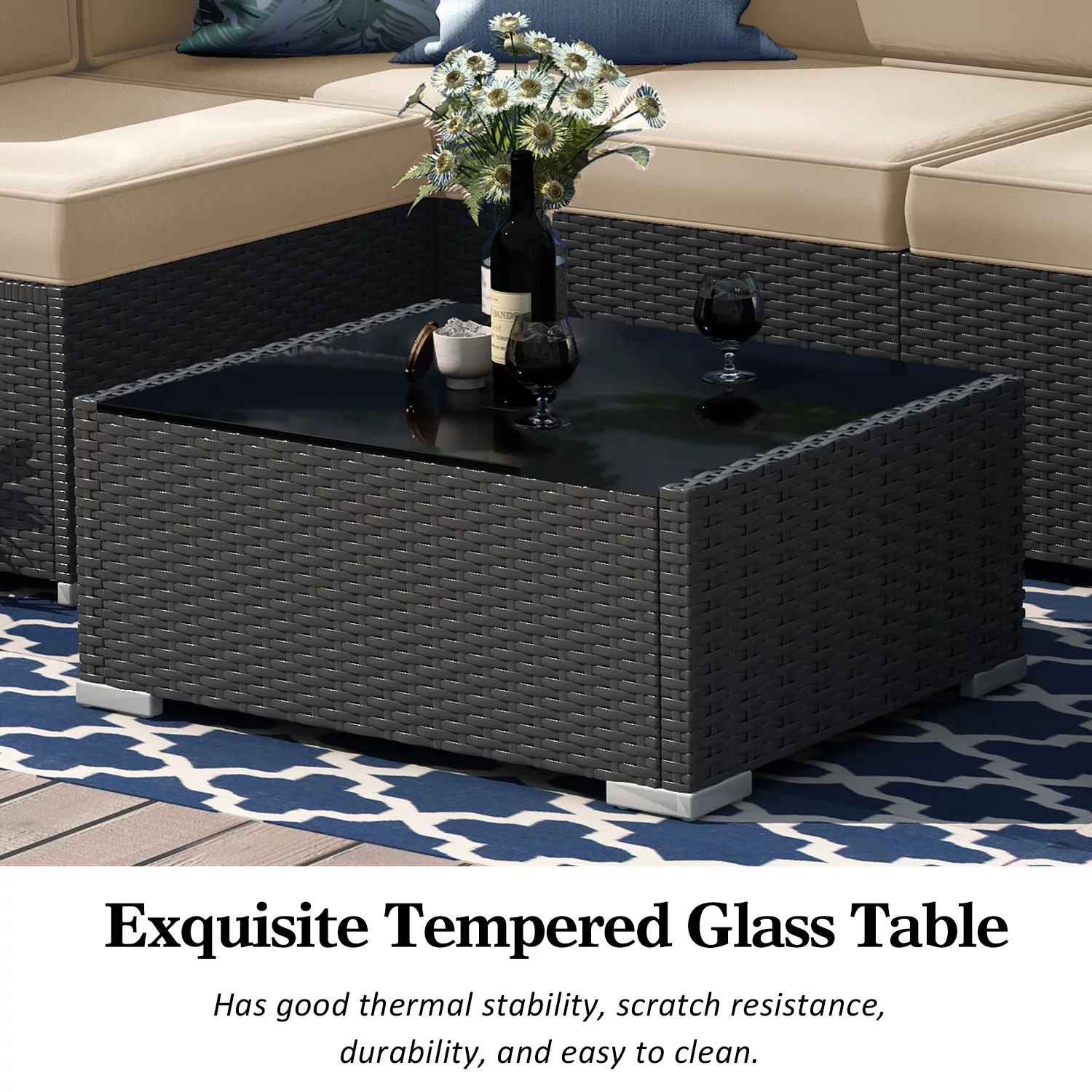 7 Piece Patio Furniture Sets, Outdoor Sectional Patio Conversation Set Wicker Rattan Sofa Chair Set with Cushion and Glass Table