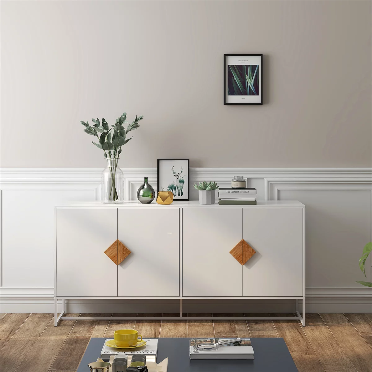 Astarth Storage Sideboard Cabinet White Modern 4 Doors Kitchen Buffet Cabinet Television Tables Entryway Cupboard Furniture with Solid Wood Square Handles and Metal Legs