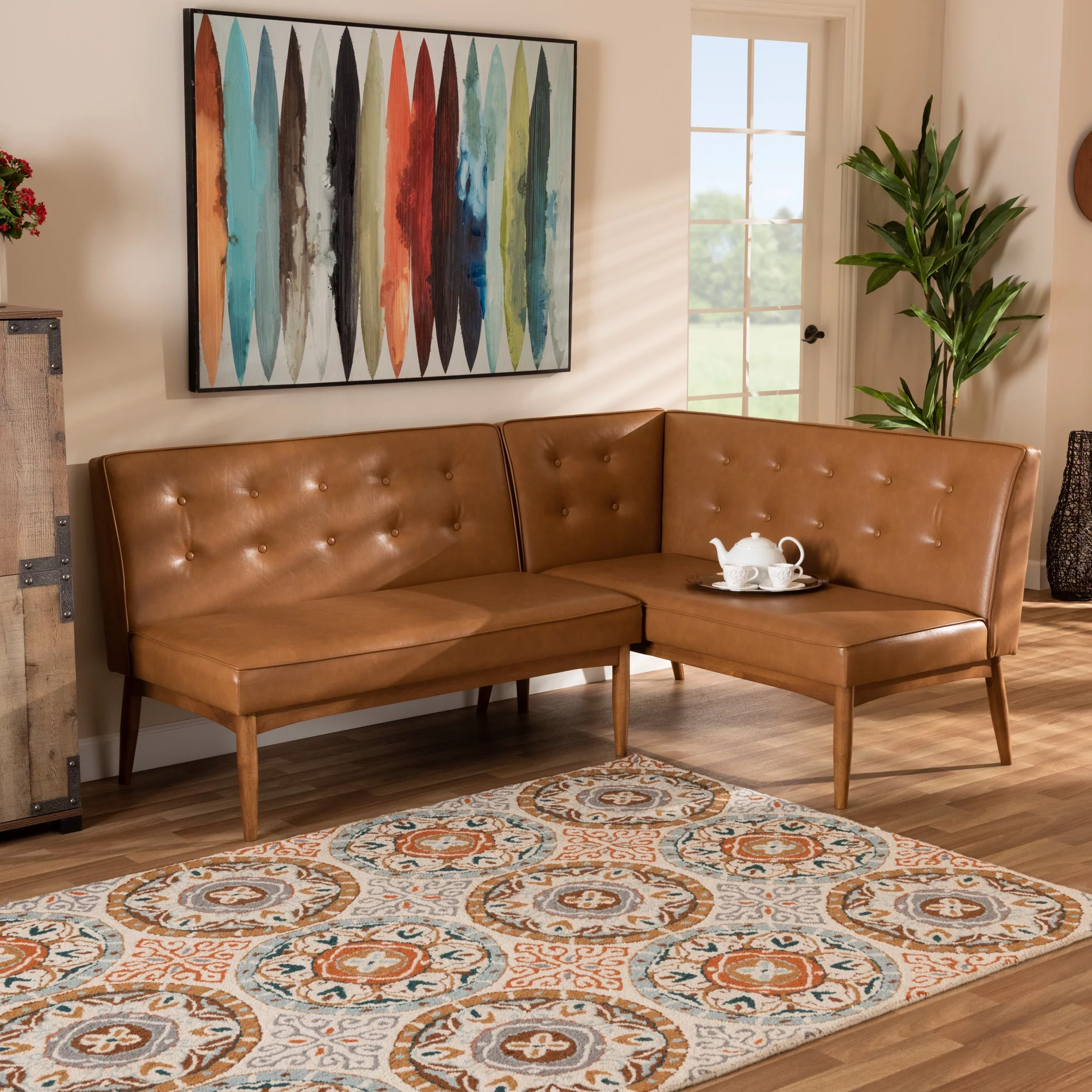 Baxton Studio Arvid Mid-Century Modern Tan Faux Leather Upholstered and Walnut Brown Finished Wood 2-Piece Dining Corner Sofa Bench