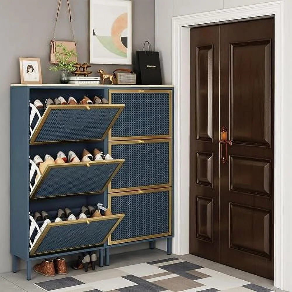 HOOMHIBIU Metal Shoe Cabinet with 3 Flip Drawers  Slim Shoe  Cabinet for Entryway  Narrow 3-Tier Shoe Rack Cabinet  Freestanding Hidden Shoe Organizer Cabinet for Hallway  Living Room (Bl
