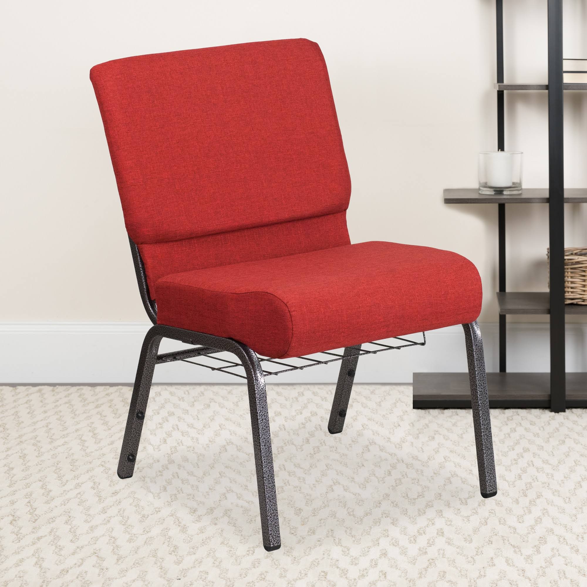 Flash Furniture Hercules Crimson Fabric Silver Vein Frame Church Chair with Cup Book Rack