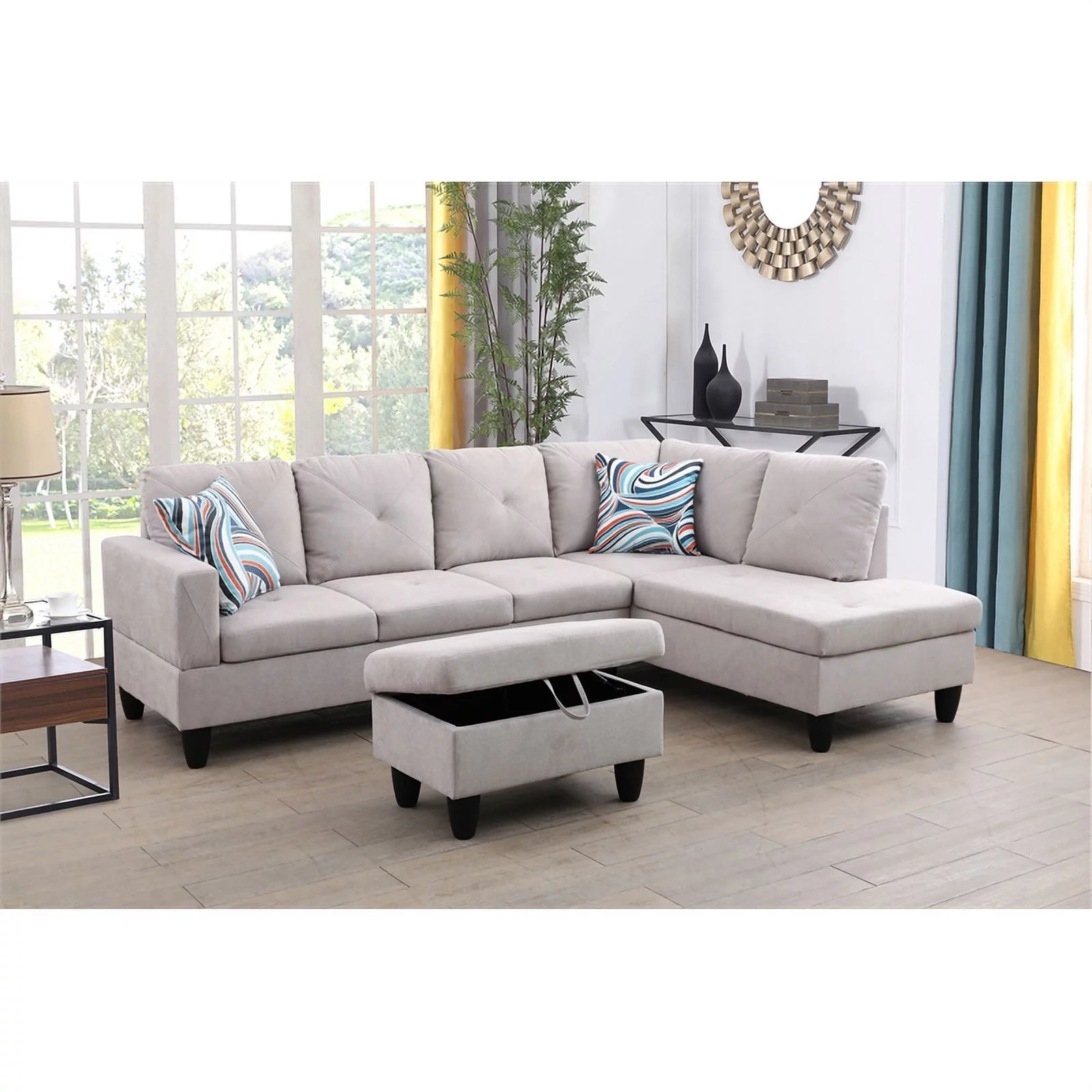 Pemberly Row L Shaped Gray Couch w/ Storage Ottoman(Pillows Included) Microfiber