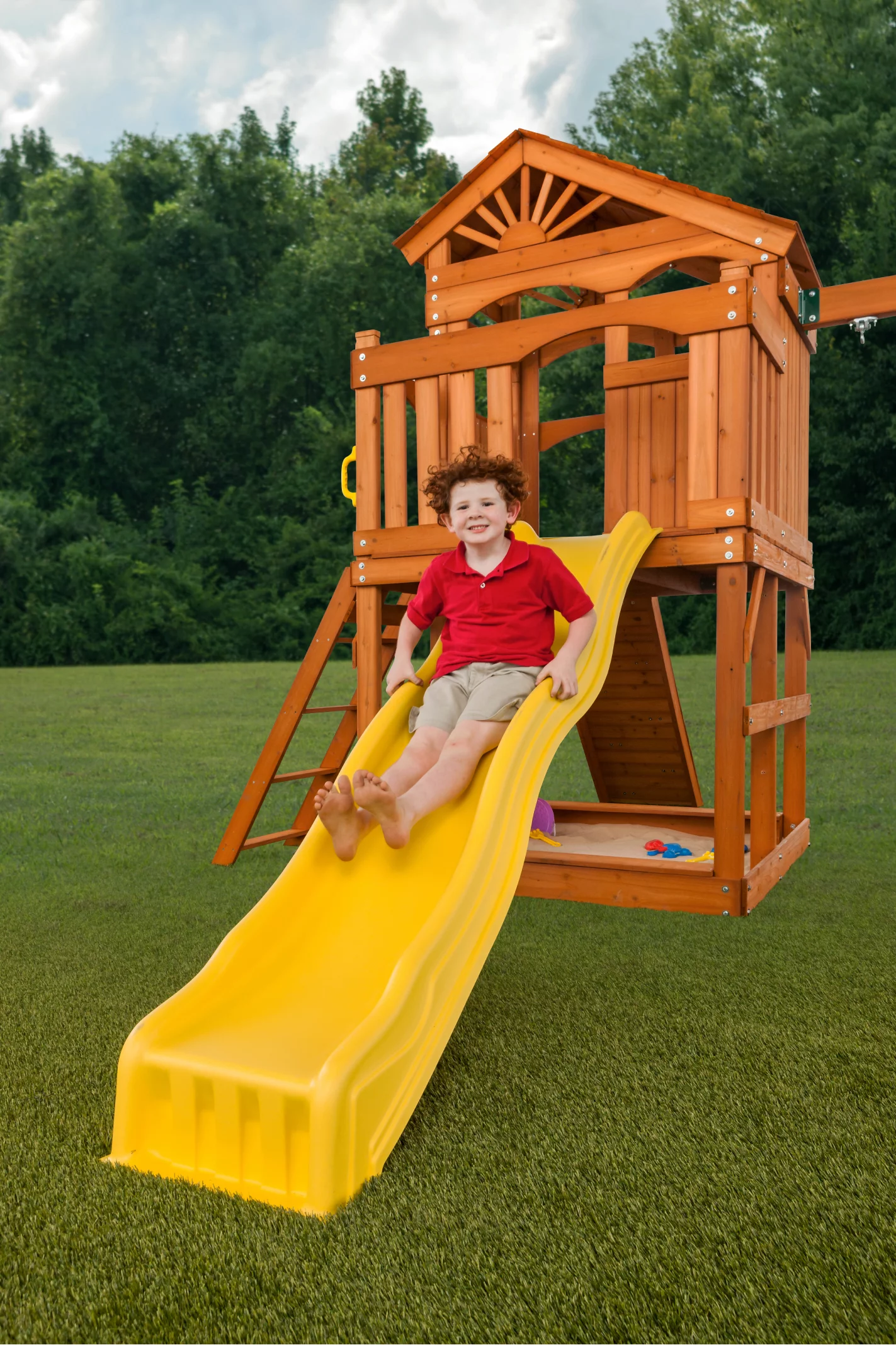 Creative Cedar Designs Timber Valley Wooden Playset with Wooden Roof, Glider Swing, Sandbox, Climbing Wall, Ladder, Slide & Belt Swings