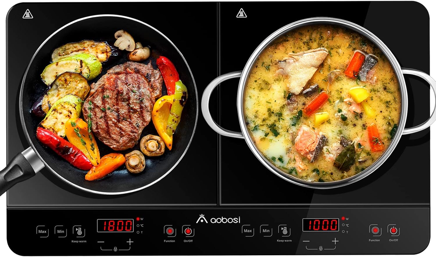 Aobosi Double Induction Cooktop Burner with 240 Mins Timer, 1800w 2 Induction Burner with 10 Temperature 9 Power Settings, Portable Induction Cooktop with Touch Sensor Control & Child Safety Lock