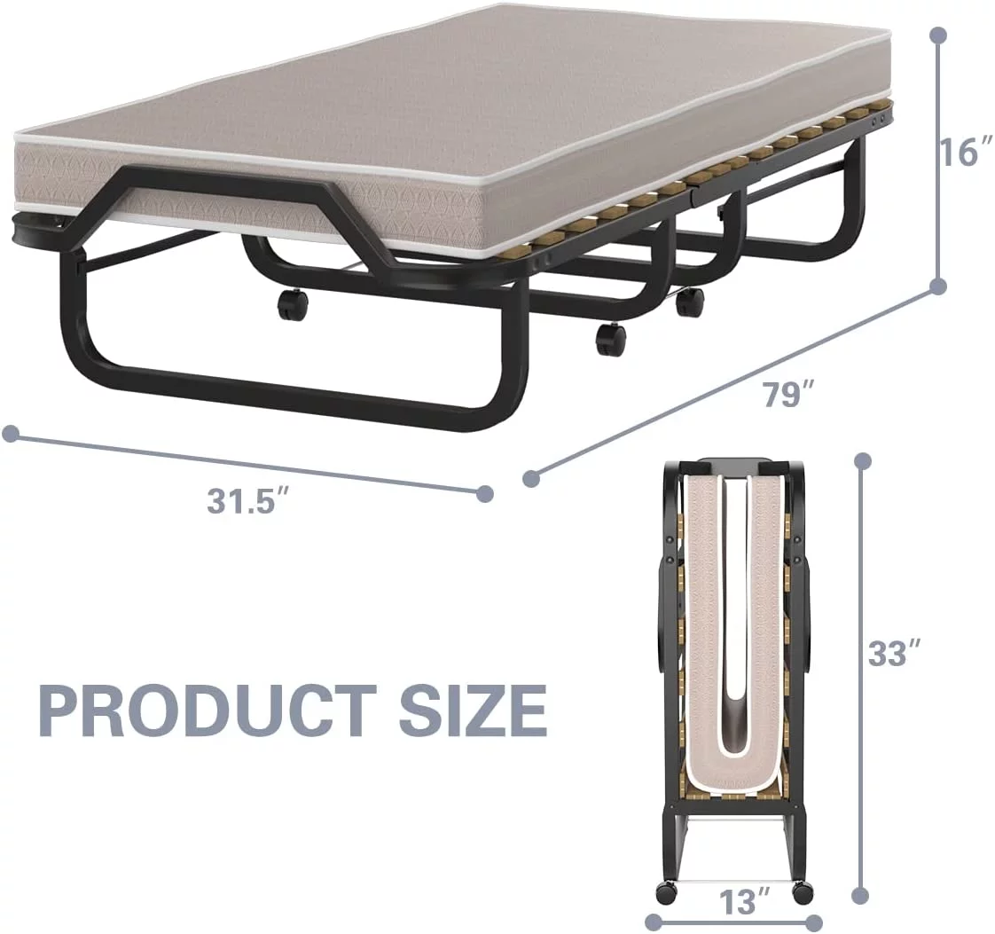 Rollaway Folding Bed with 4 Inch Mattress for Adults  Foldable Portable Guest Bed with Memory Foam Mattress &amp; Sturdy Metal Frame  Cot Size Fold up Bed on Wheels  Easy to Store  Made i - Curated Treasures Market