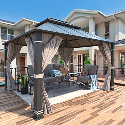YOLENY 10' x 12' Hardtop Gazebo, Wood-Looking Gazebo with Galvanized Steel Double Roof, Aluminum Frame, Permanent Metal Pavilion with Netting and Curtains for Deck, Backyard, Patio and Lawns