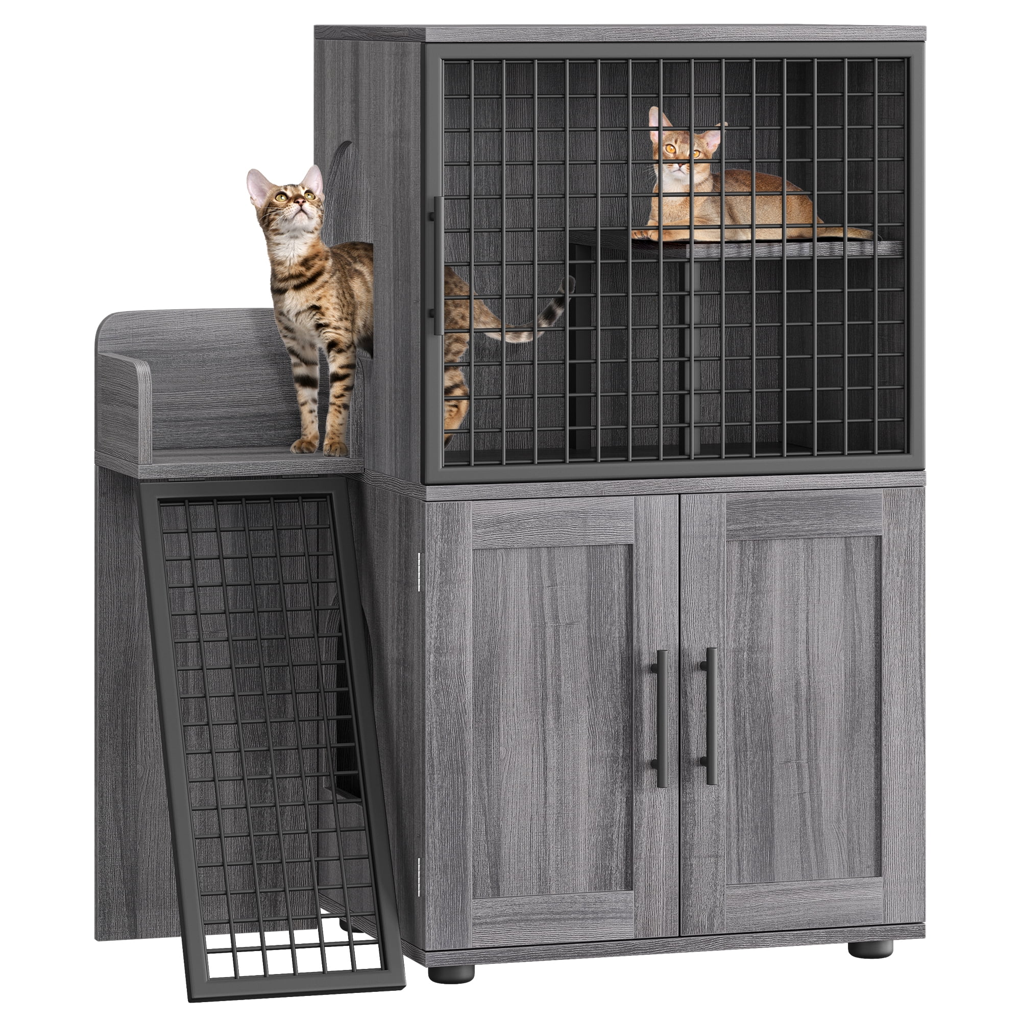 Towallmark 2 In 1 Hidden Litter Box Enclosure Furniture, 2 Storage Racks And 2 Drawers, Litter Box With Platform, Ladder, Indoor Cat Washroom, Rustic Grey - Curated Treasures Market