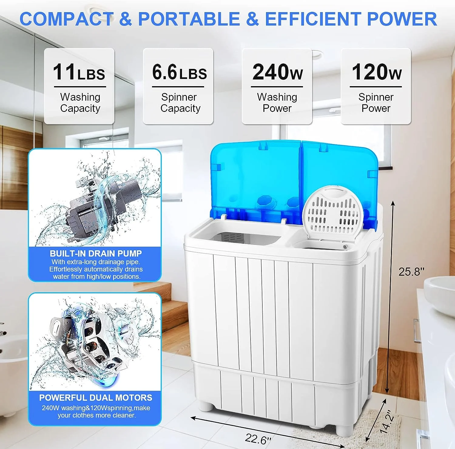 Qhomic Mini Washing Machine, 11lbs Washer & 6.6lbs Spin Dryer Combo Washing Machine, Compact Washer Machine with Drain Pump&Time for dorm, RV's, Home
