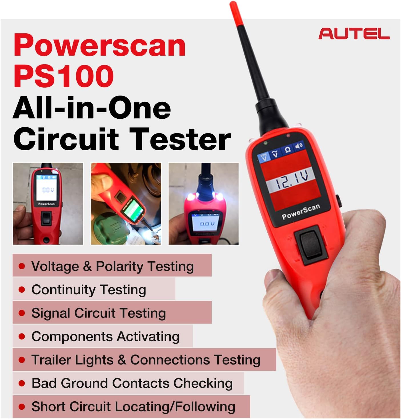Autel Powerscan Ps100 Electrical System Tester Ps 100 Circuit Tester with 20ft Cable, Built-In Circuit Breaker, Easy to Read AC/DC Current Resistance, Test Continuity/Probe/Sensor Signal