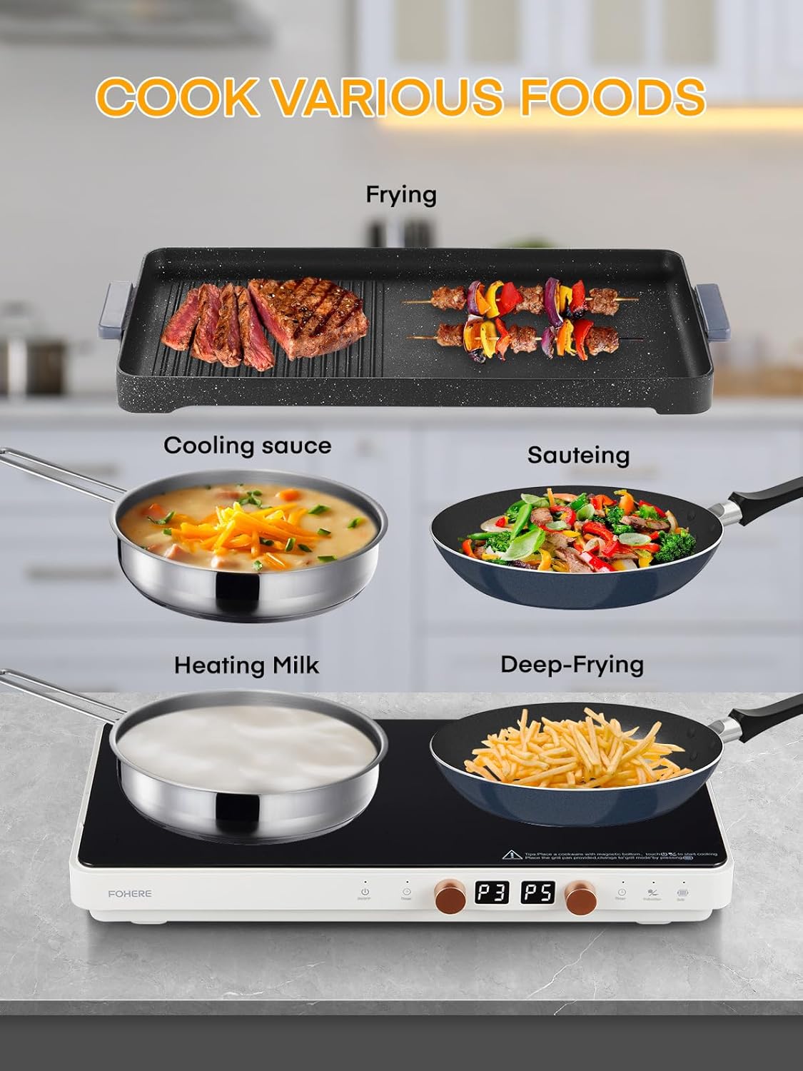 FOHERE Double Induction Cooktop with 2 Burners, 1800W Portable Cooktops with Removable Iron Cast Griddle Pan Non-stick, Independent Temperature Control, Sensor Touch, 8 Power Levels, 99 Min Timer