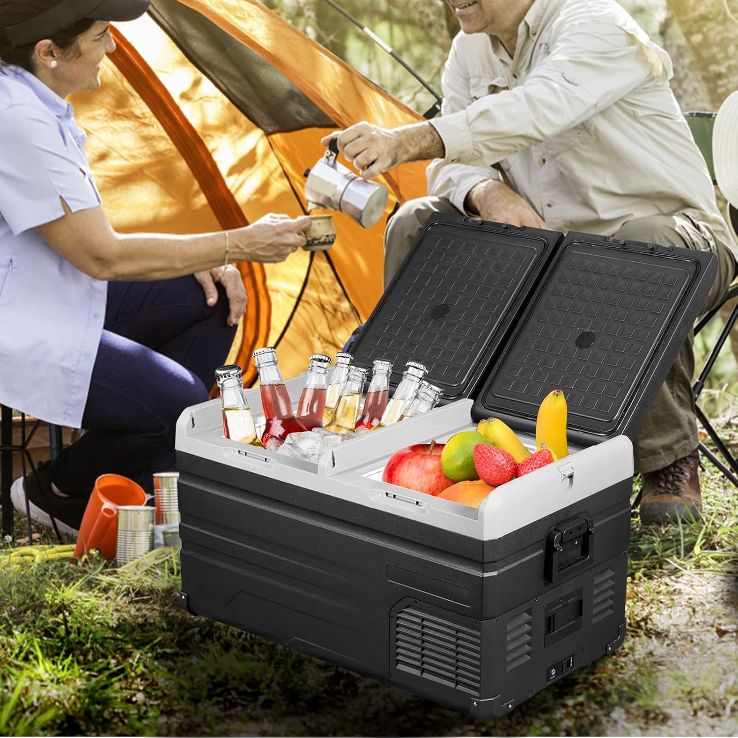 VEVOR 12 Volt Refrigerator 48Qt, Dual Zone Car Fridge Freezer w/App Control & Wheels 12/24V DC & 110-240V AC Electric Compressor Cooler for Truck Vehicle RV Boat Outdoor & Home Use, -4℉-68℉ Black
