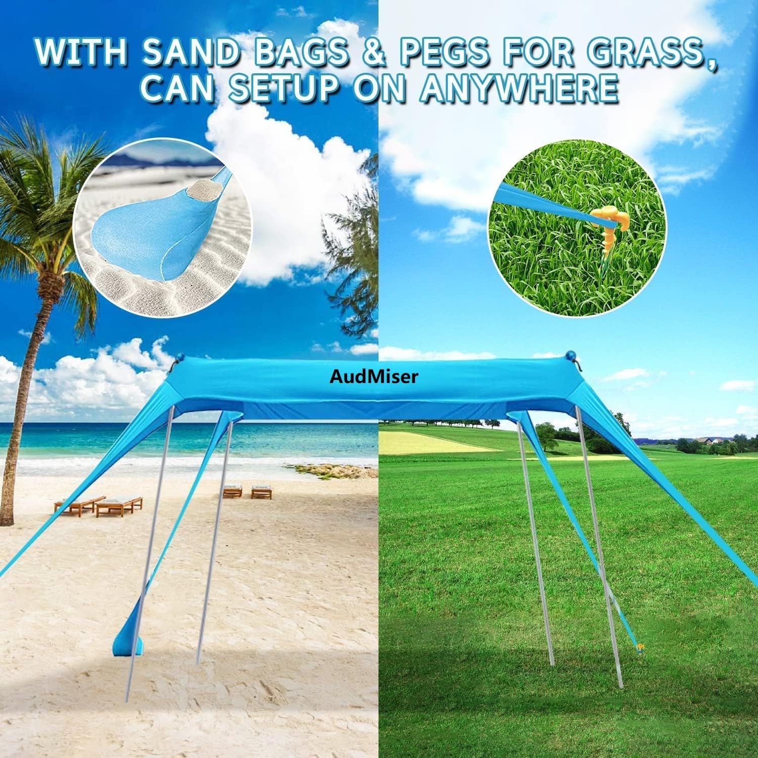 Beach Tent Sun Shade UPF50+ - Pop Up Beach Canopy Sun Shelter with 4 Foldable Stability Poles,Carry Cag, 2 Windbreak Cords,Ground Pegs and 1 Shovel,10&times;10FT in Beach Blanket for Outdoor Family Camping