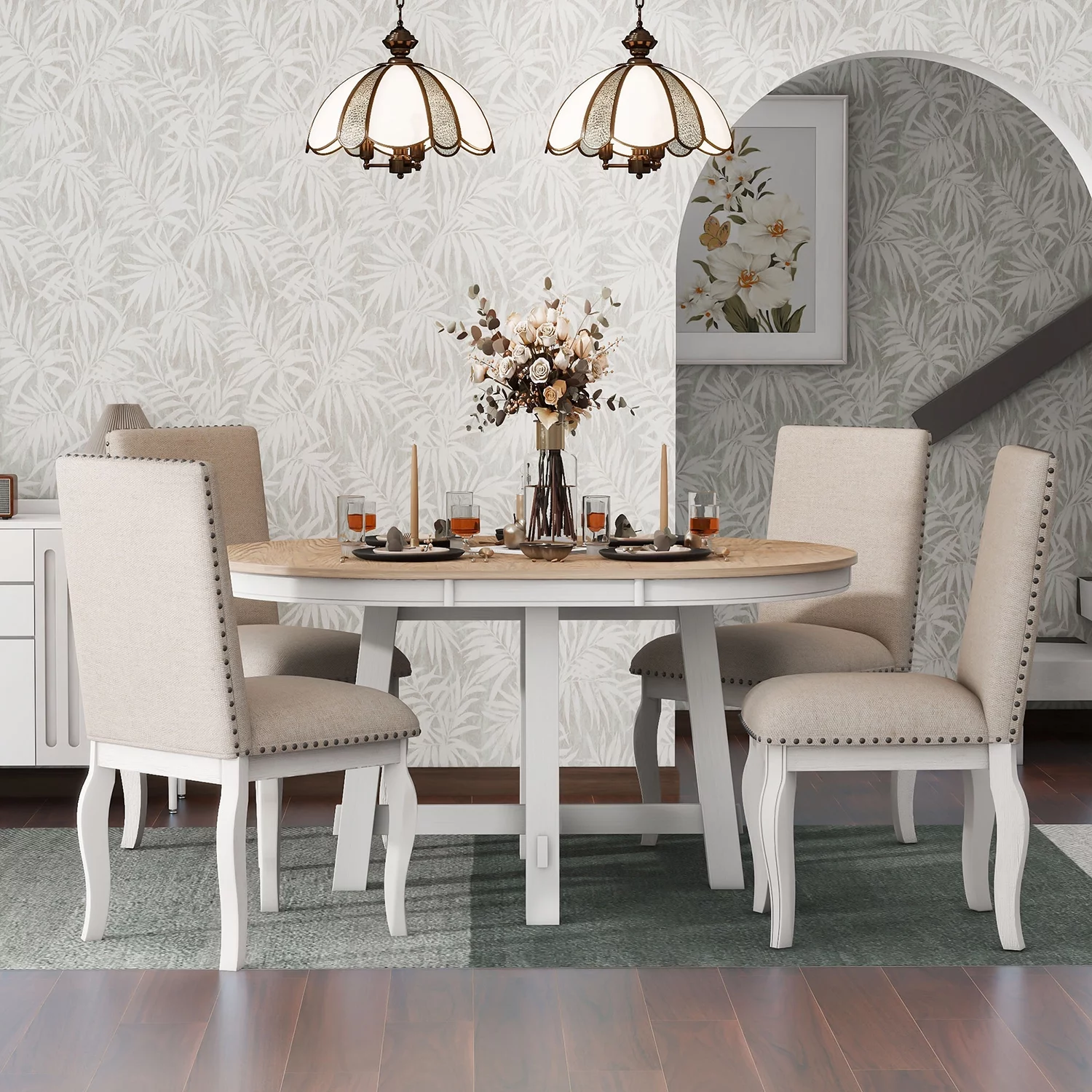 Churanty 5 Piece Farmhouse Dining Table Set Wood Round Extendable Dining Table and 4 Upholstered Dining Chairs,Oak Natural Wood + Antique White