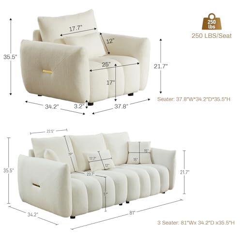2 Piece Teddy Cloud Sofa Couch Set, Modern Deep Seat 3 Seater Boucle Sofa & Single Sofa Chair, Cozy Upholstered Sherpa Living Room Furniture Set for Apartment Office, Black