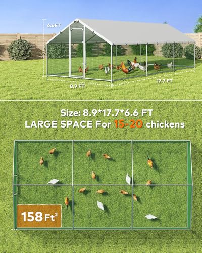 Large Metal Chicken Coop Run with Spire Roof – Outdoor Poultry Cage with Waterproof & UV-Resistant Cover for Chickens, Ducks, Rabbits, and Hens in Yard or Farm Use(8.9’ W x 11.8’ L x 6.6’ H)