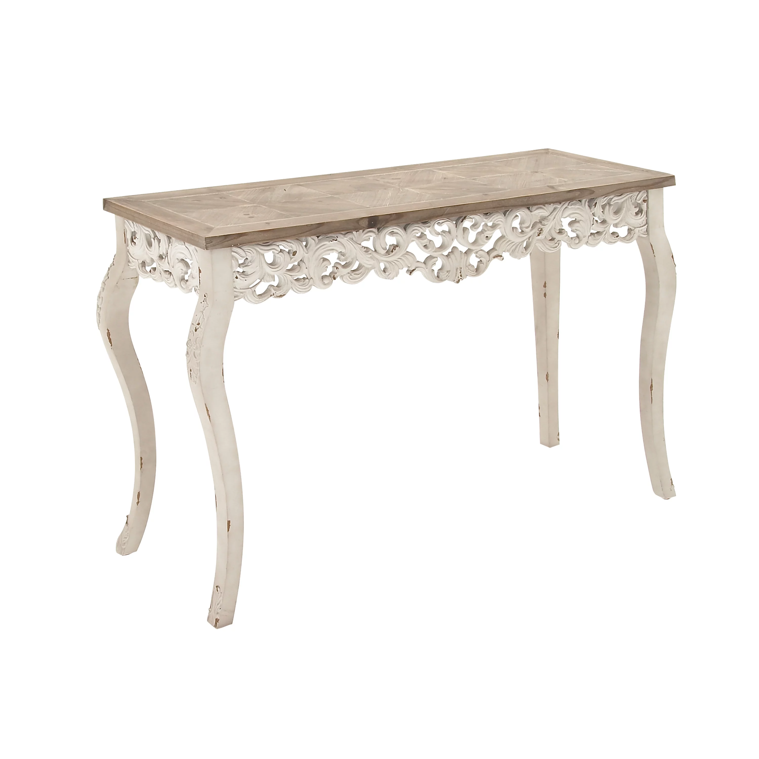 DecMode 46" x 30" White Wood Intricately Carved Floral Console Table with Brown Wood Top, 1-Piece
