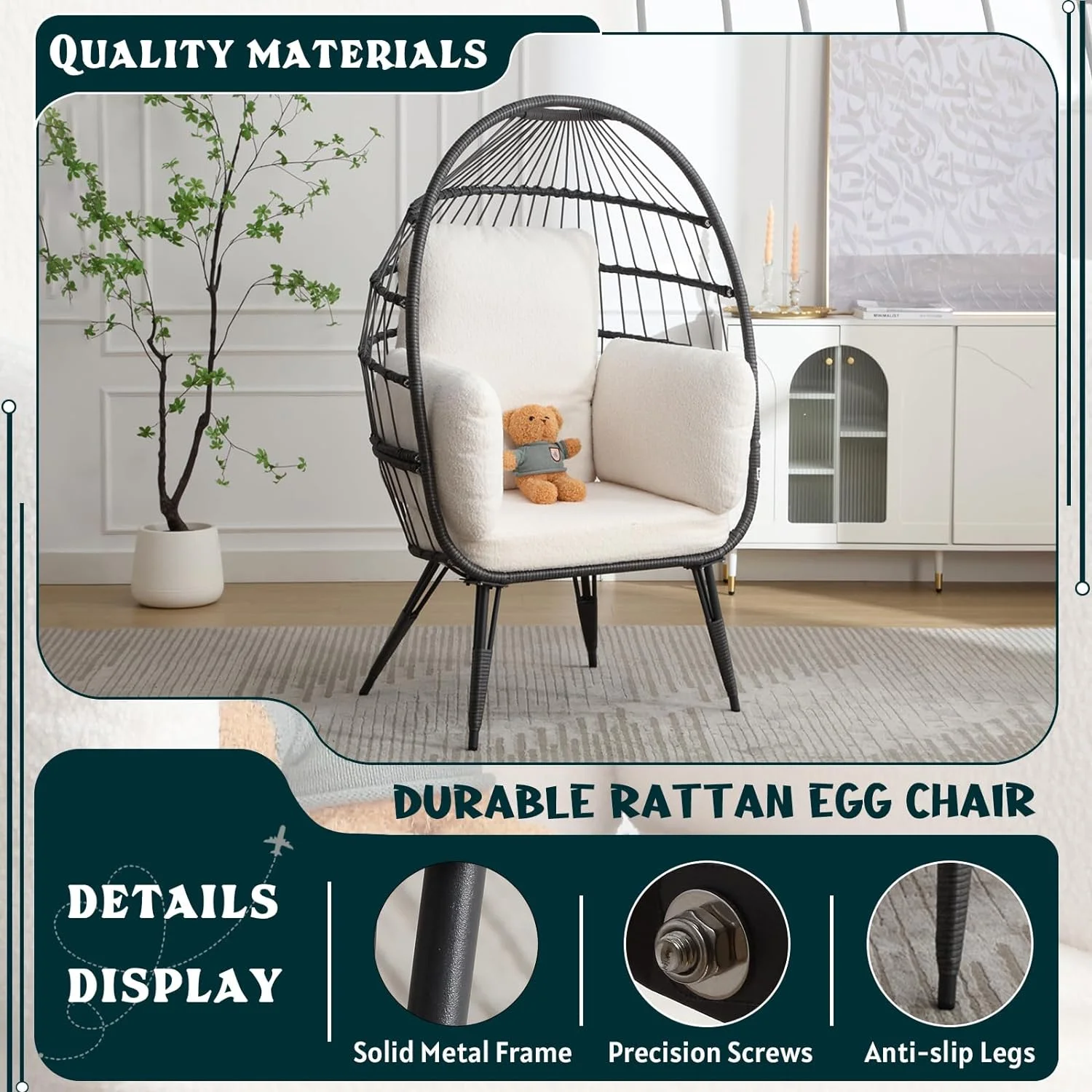 Wicker Egg Chairs Outdoor Set of 2, Oversized Rattan Chairs Indoor with Solid Stand, Comfy Patio Basket Chairs with Soft Cushions, Modern Lounge Chairs with a Cute Toy for Patio, Balcony, White