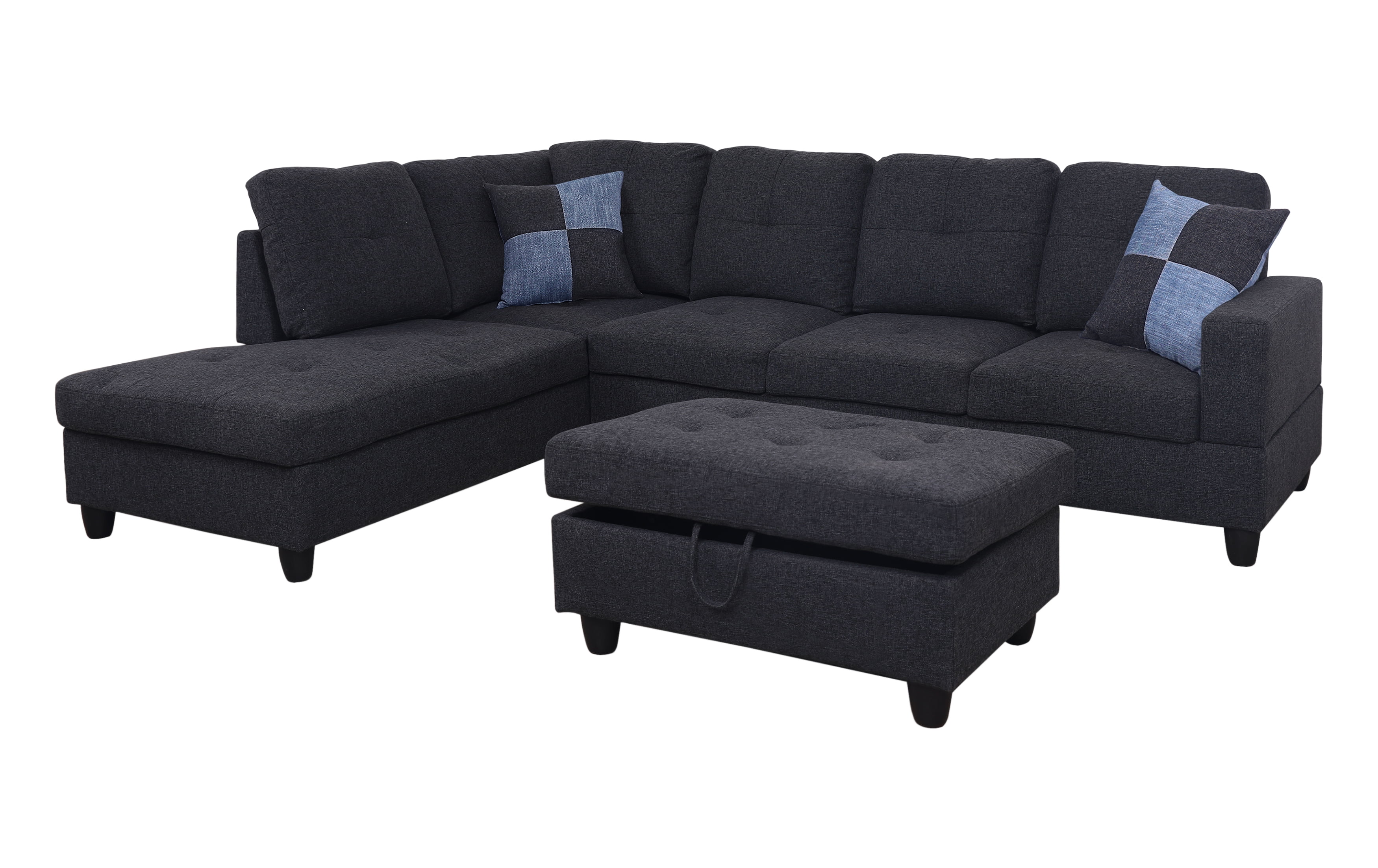 PonLiving Furniture PonLiving Left Chaise Sectional Sofa with Storage Ottoman, Midnight Gray, Linen PonLiving Left Chaise Sectional Sofa with Storage Ottoman, Midnight Gray, Linen