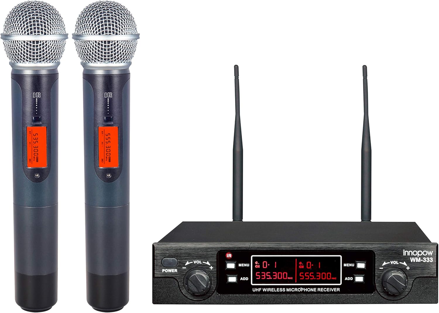 innopow 200-Channel Dual UHF Wireless Microphone System, Metal Cordless Mic Set, Auto Scan, Long Distance 200-240Ft,16 Hours Continuous Use for Family Party, Church, Karaoke Night (2022 New Version)