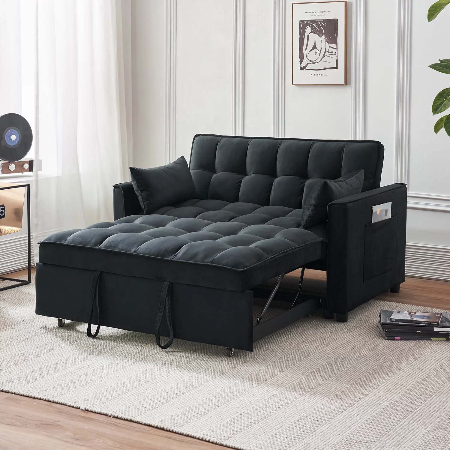 Tzicr 55.5'' 3-in-1 Convertible Sleeper Sofa Bed, Modern Velvet Loveseat Futon Couch Pullout Bed with Adjustable Backrest, Side Storage Pockets and Pillows. (Black) - Curated Treasures Market