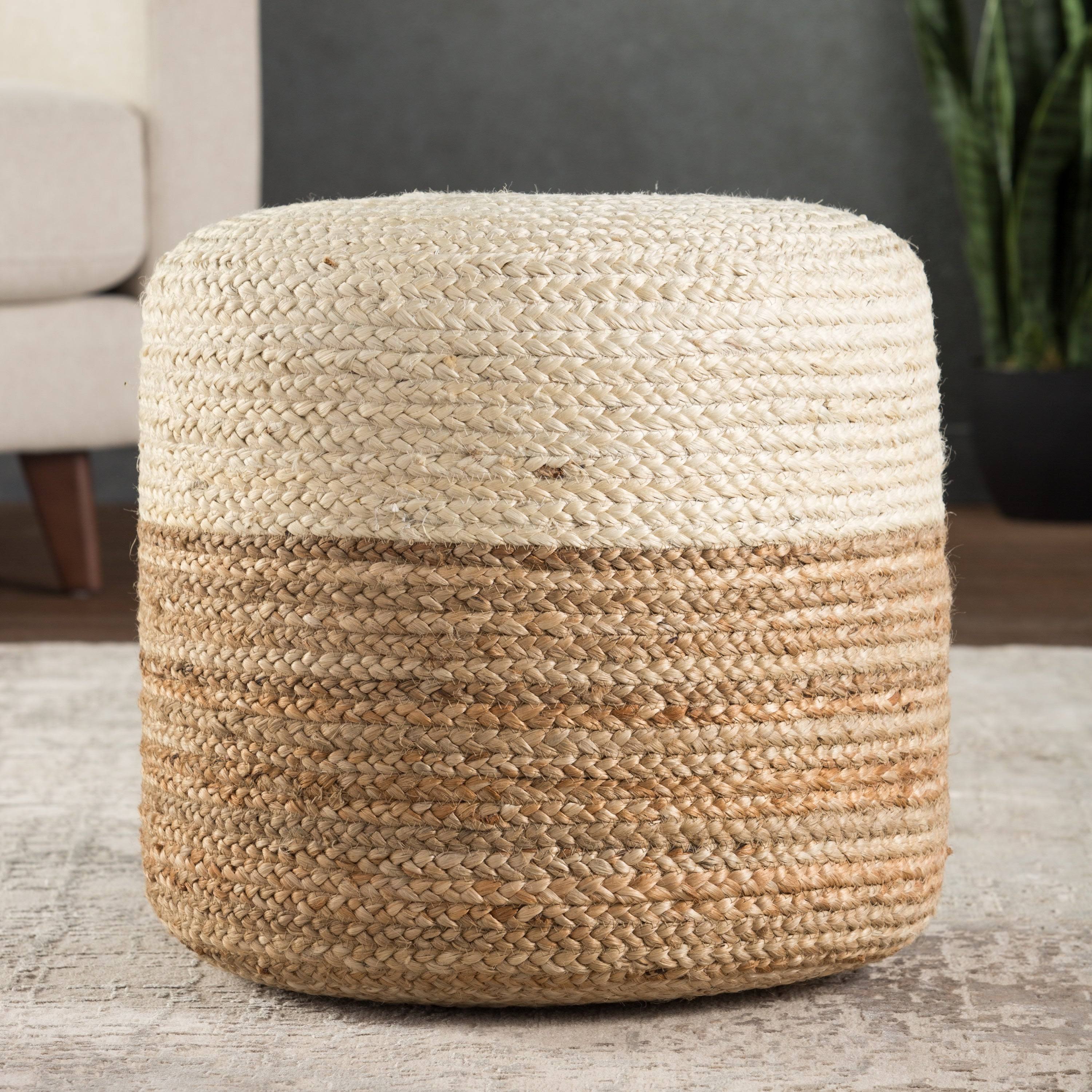 The Curated Nomad Camarillo Ombre Braided Jute Cylinder Pouf - White/Beige