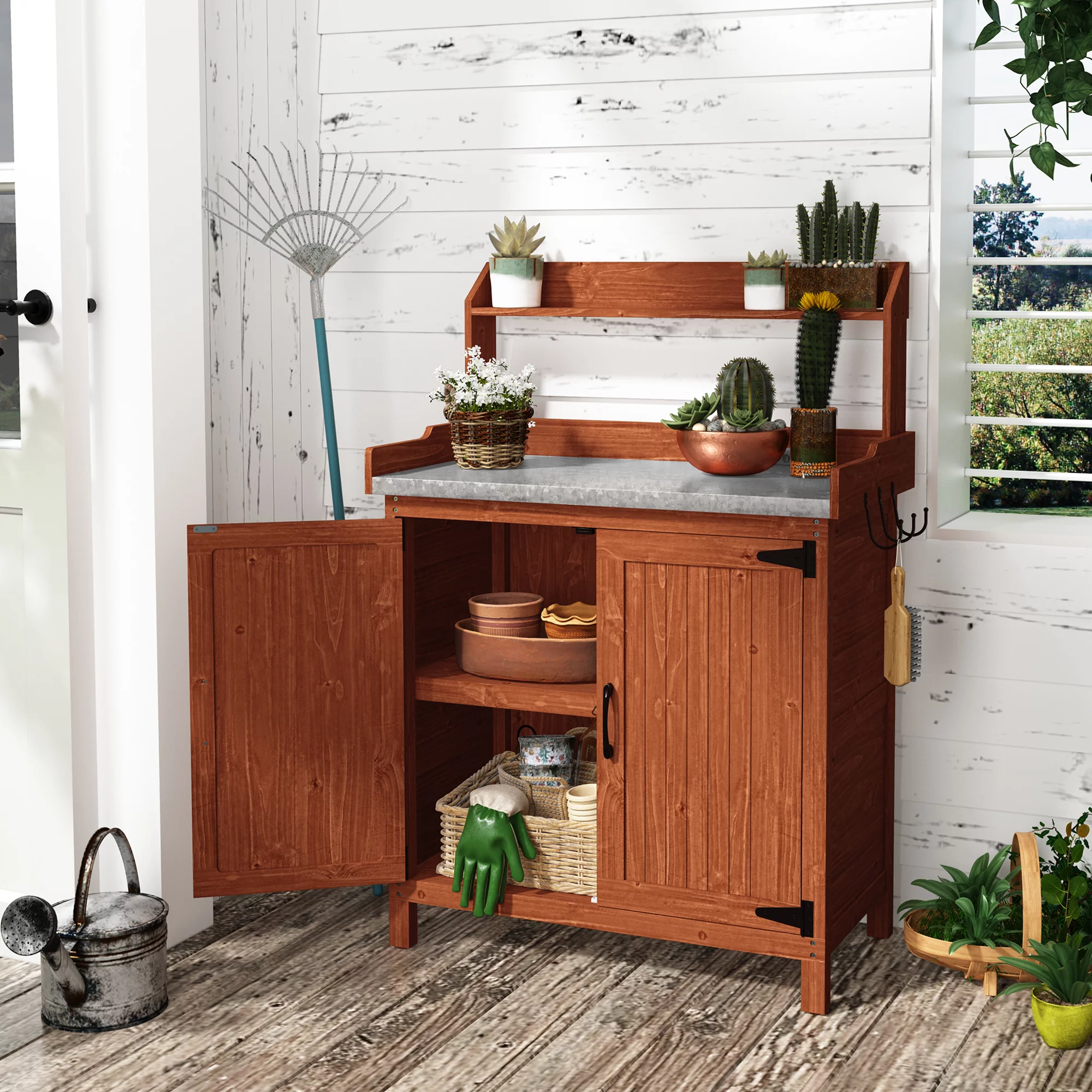 HLR Potting Bench with Storage, Galvanized Steel Tabletop Ourdoor Potting Bench with Storage for Garden Patio, Original Wood